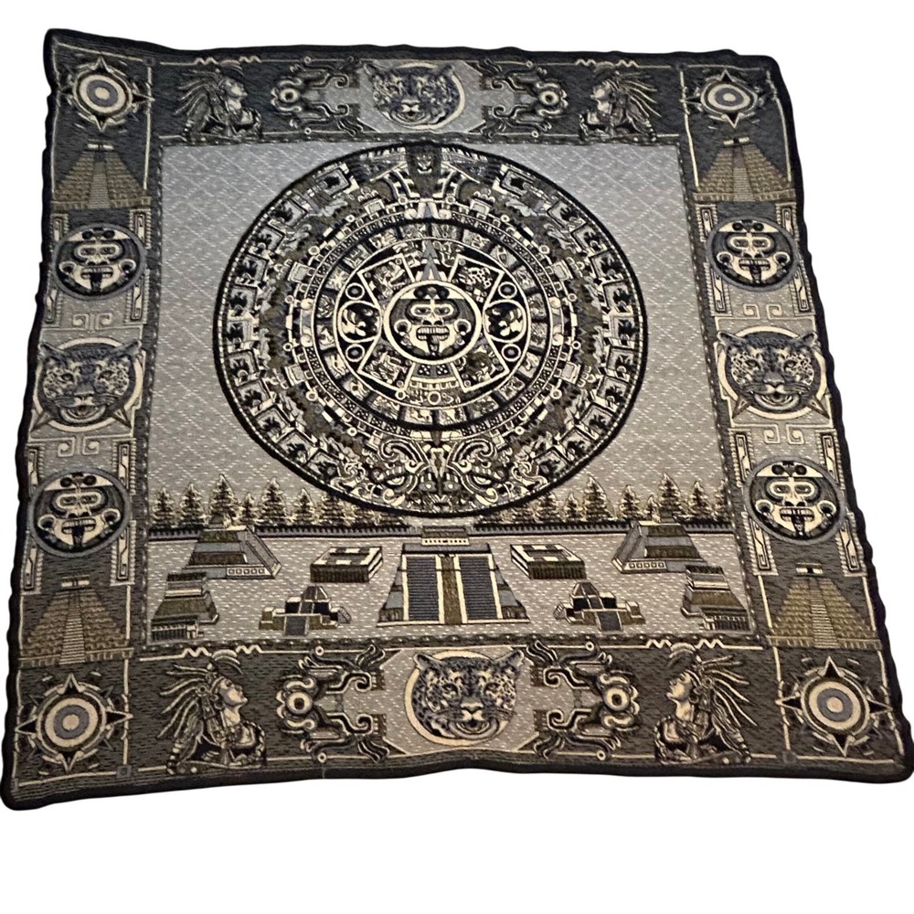 Mexican Aztec Mayan Sun Stone Calendar Woven Tapestry Blanket Jaguar Pyramids